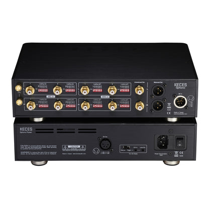 KECES SPhono Phono-Vorstufe Rückansicht mit Cinch- und XLR-Ausgängen und Loading-Schaltern