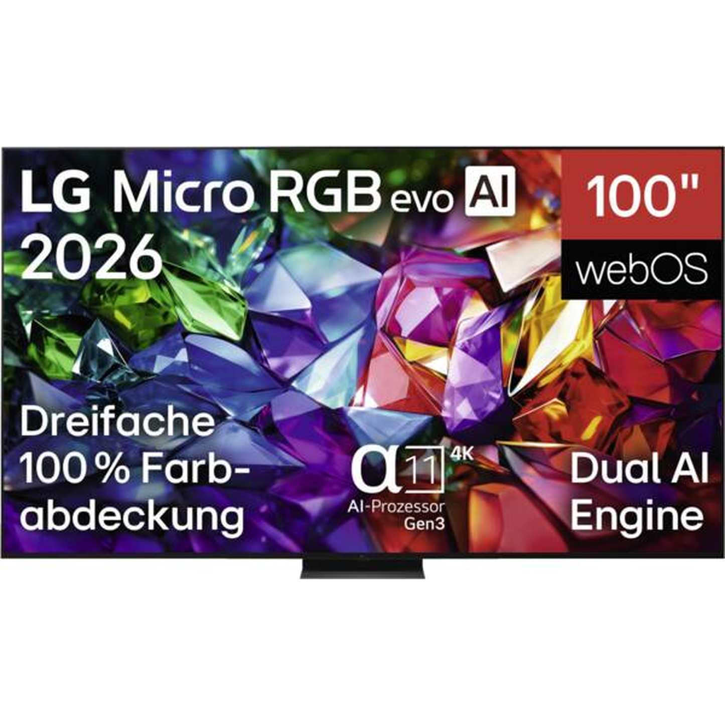 LG 100MRGB96B9 Micro-RGB-Fernseher Frontansicht mit Texteinblendungen