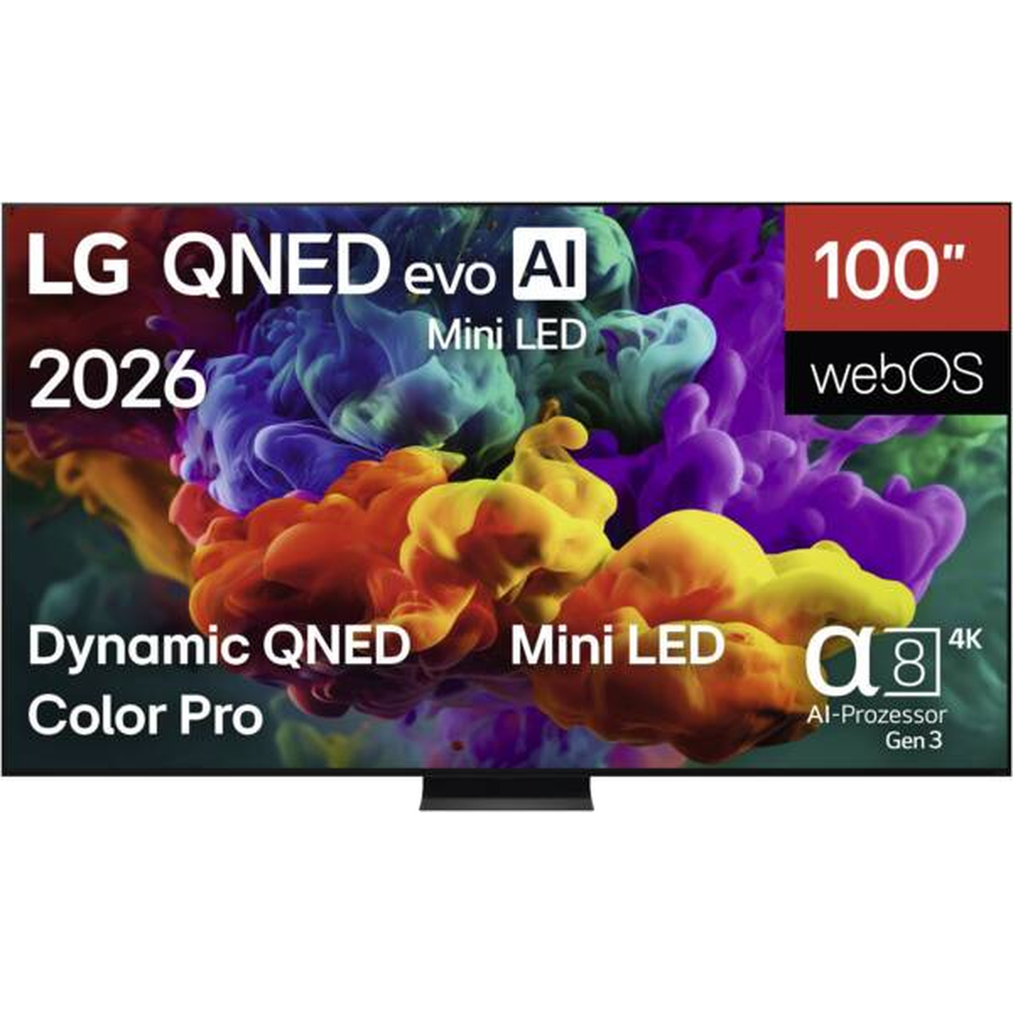 LG 100QNED87B6 QNED-Fernseher Frontansicht mit eingeblendeten Herstellerangaben