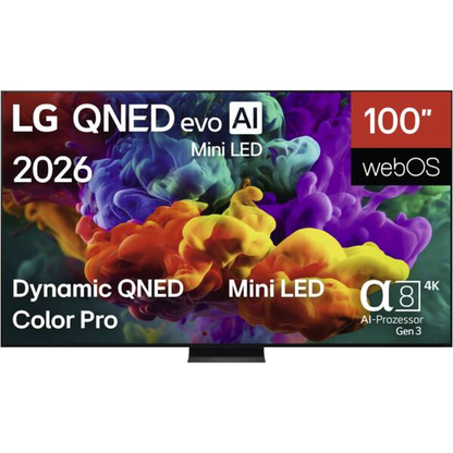 LG 100QNED87B6 QNED-Fernseher Frontansicht mit eingeblendeten Herstellerangaben