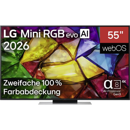 LG 55MRGB88B9B Mini-RGB-Fernseher Frontansicht mit eingeblendeten Herstellerangaben