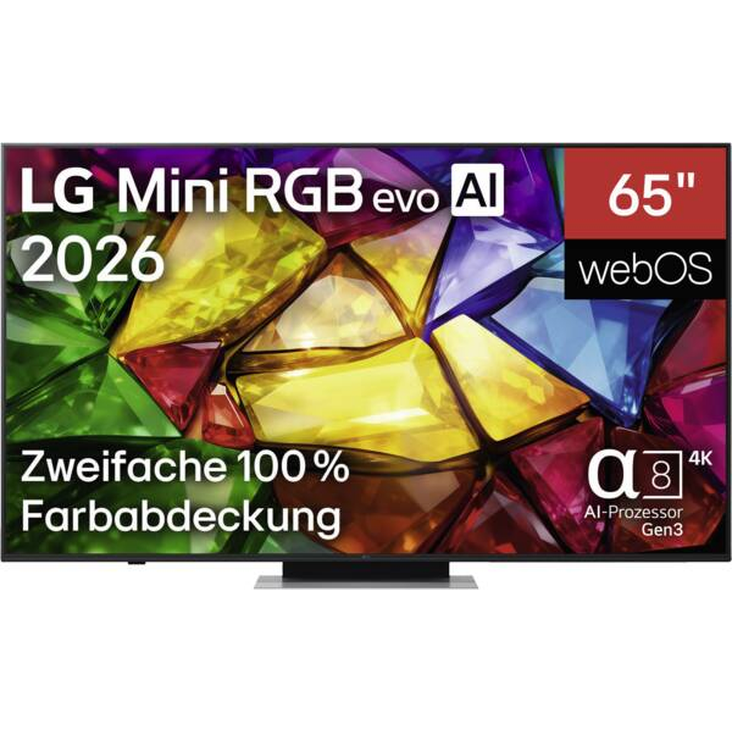 LG 65MRGB88B9B Mini-RGB-Fernseher Frontansicht mit eingeblendeten Herstellertexten