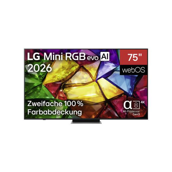 LG 75MRGB88B9B Mini-RGB-Fernseher Frontansicht mit Texteinblendungen
