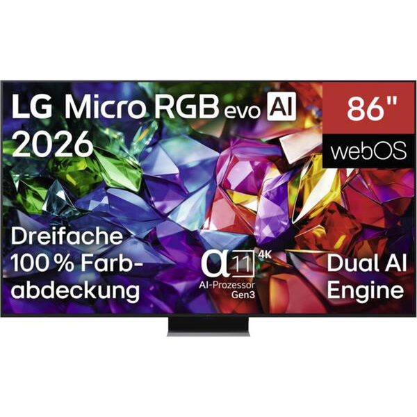LG 86MRGB96B9B Micro-RGB-Fernseher Frontansicht mit eingeblendeten Herstellerangaben