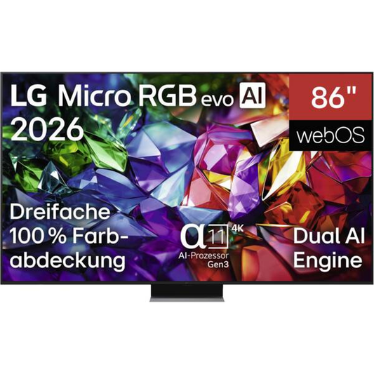 LG 86MRGB96B9B Micro-RGB-Fernseher Frontansicht mit eingeblendeten Herstellerangaben