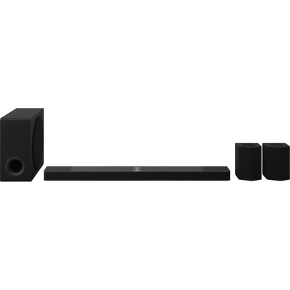 LG DS95TR Soundbar Lieferumfang, alle Komponenten frontal nebeneinander