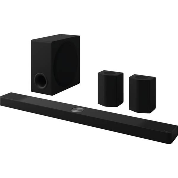 LG DS95TR Soundbar Lieferumfang mit Subwoofer und zwei Rear-Lautsprechern