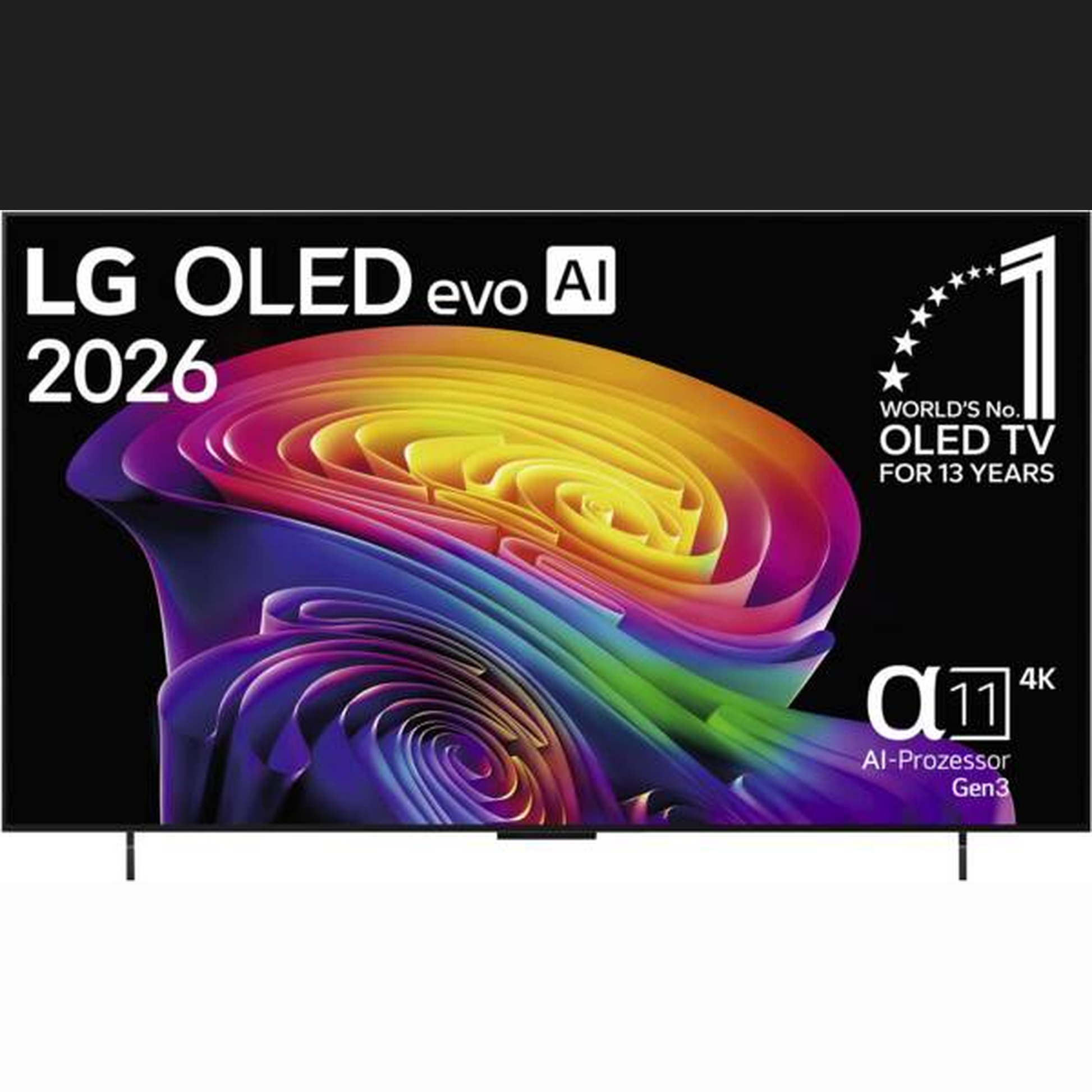 LG OLED42C69LB OLED-Fernseher Frontansicht mit Texteinblendungen
