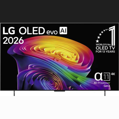 LG OLED42C69LB OLED-Fernseher Frontansicht mit Texteinblendungen