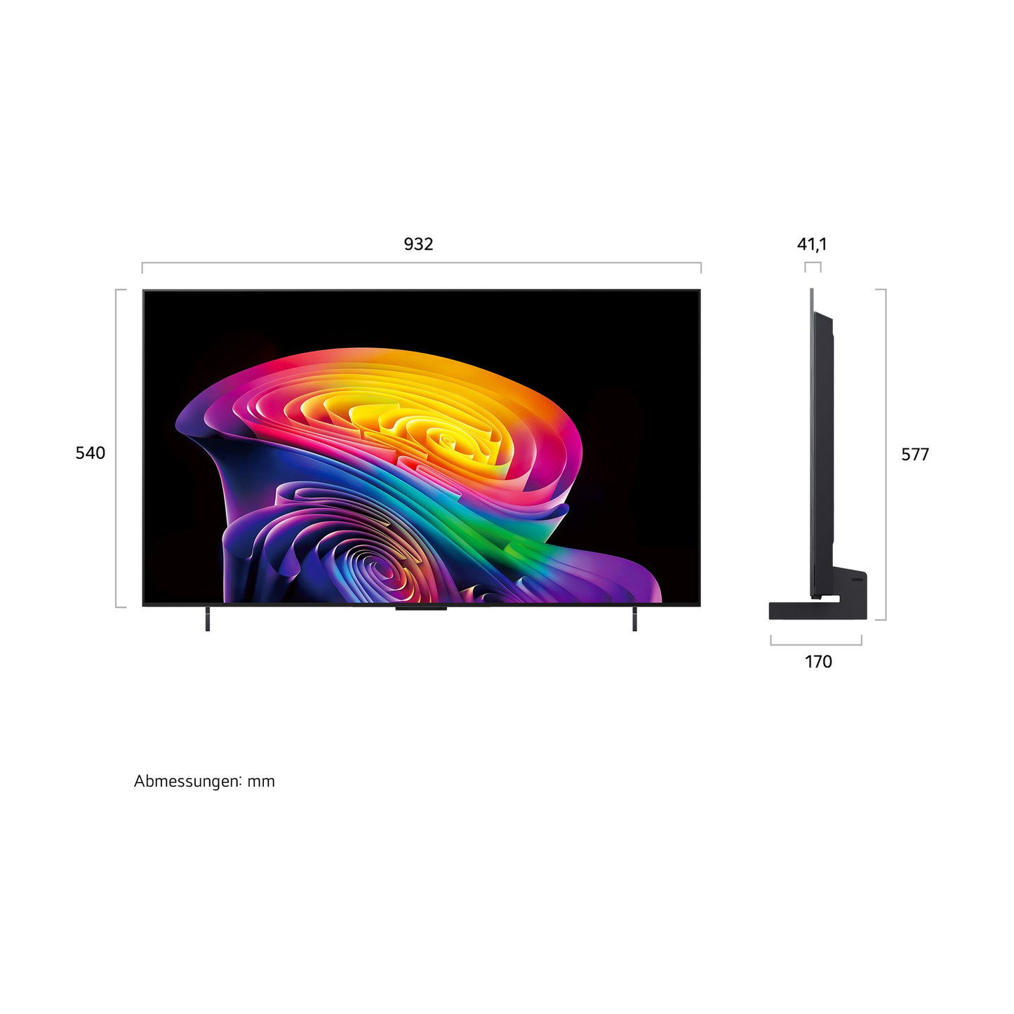 LG OLED42C69LB OLED-Fernseher Masszeichnung mit Abmessungen