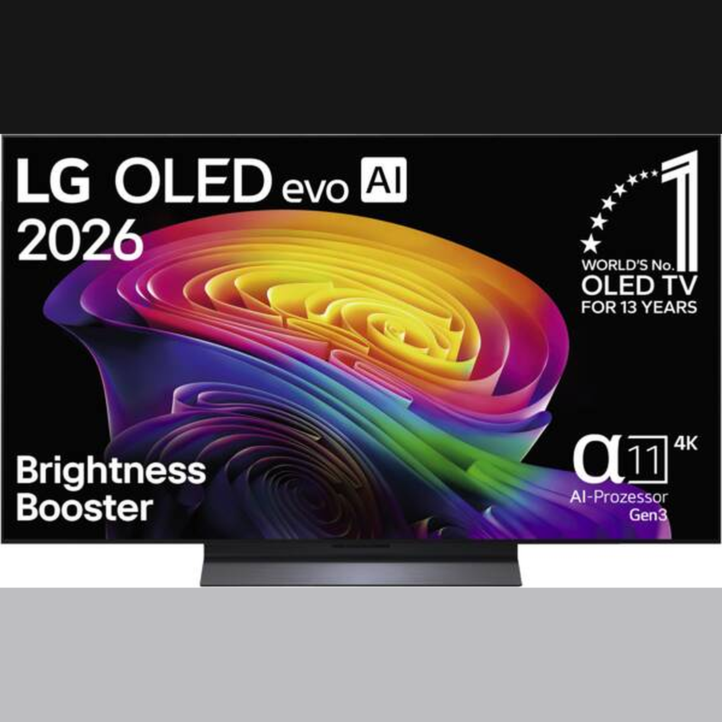 LG OLED48C69LB OLED-Fernseher Frontansicht mit Texteinblendungen