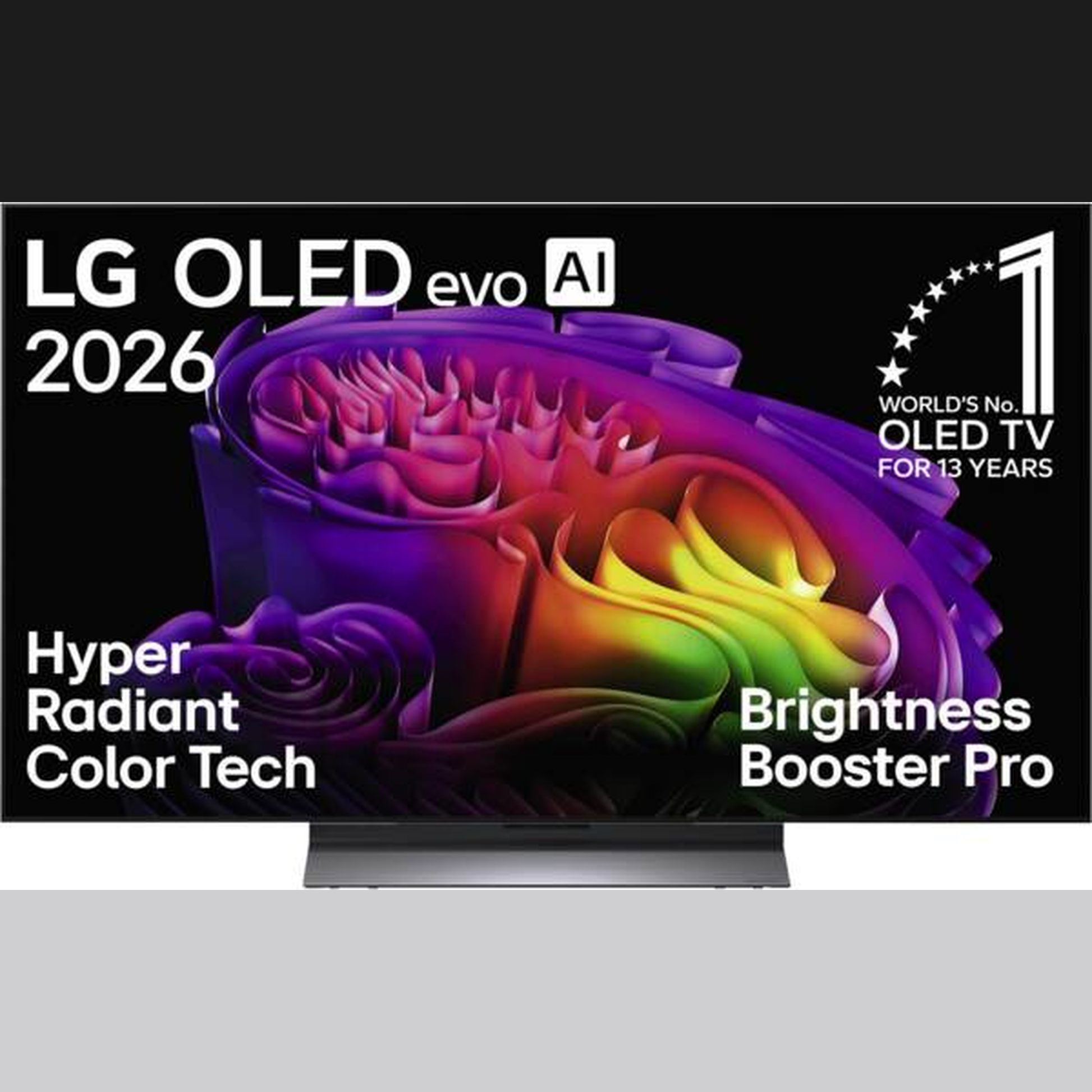 LG OLED48G69LS OLED-Fernseher Frontansicht mit Texteinblendungen
