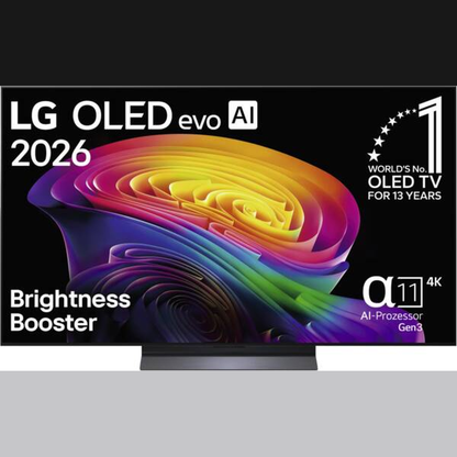 LG OLED55C69LB OLED-Fernseher Frontansicht mit eingeblendeten Herstellerangaben
