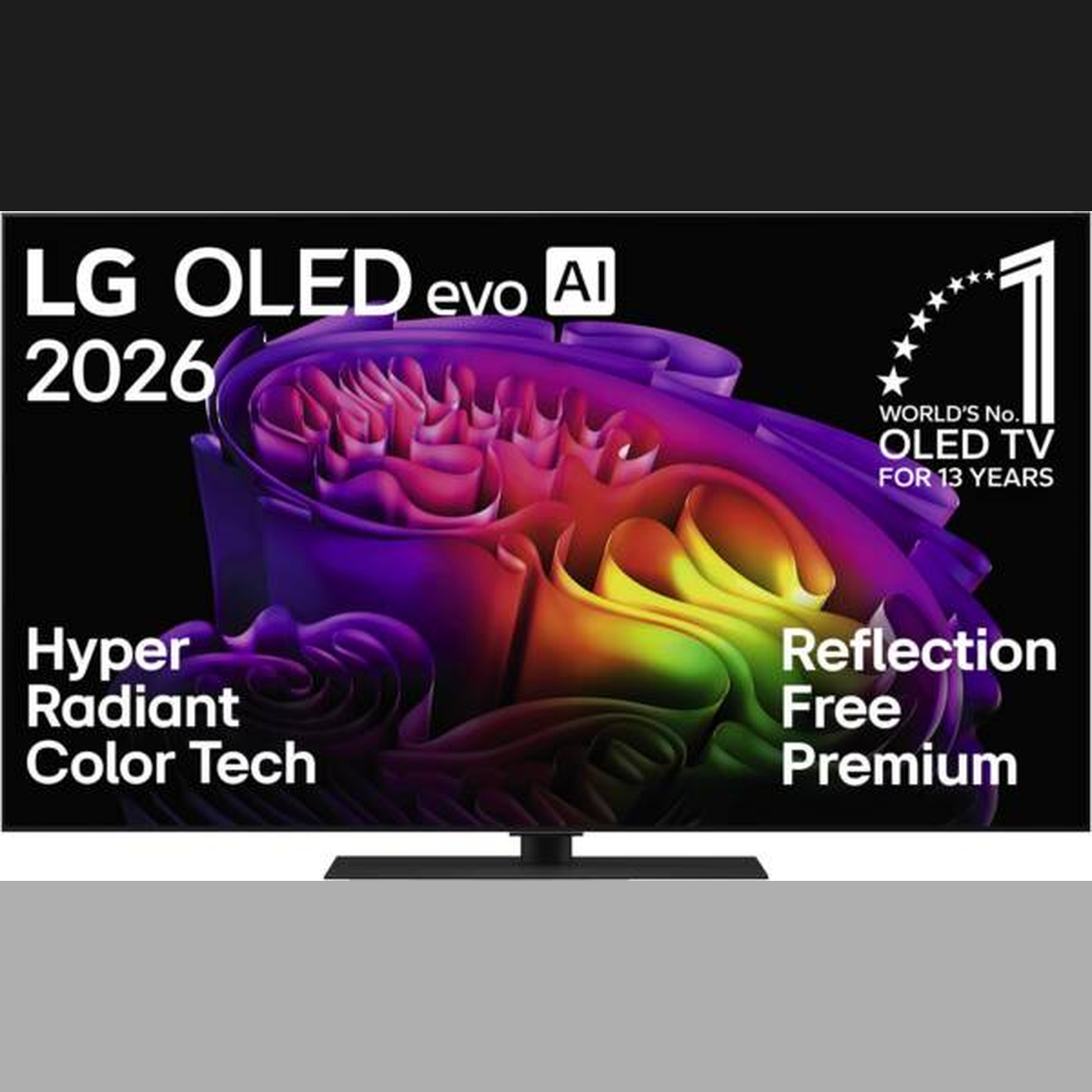 LG OLED55G69LS OLED-Fernseher Frontansicht mit eingeblendeten Herstellertexten