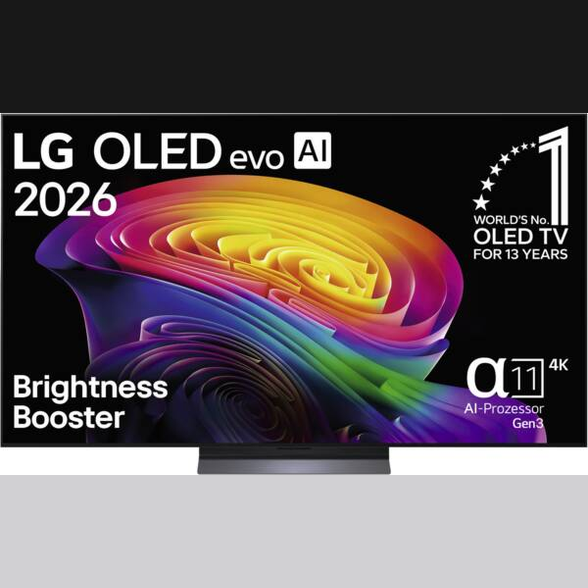 LG OLED65C69LB OLED-Fernseher Frontansicht mit eingeblendeten Herstellertexten