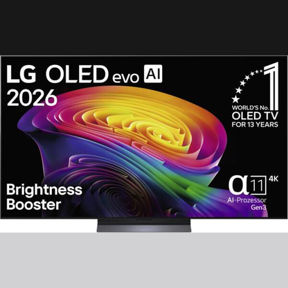 LG OLED65C69LB OLED-Fernseher Frontansicht mit eingeblendeten Herstellertexten