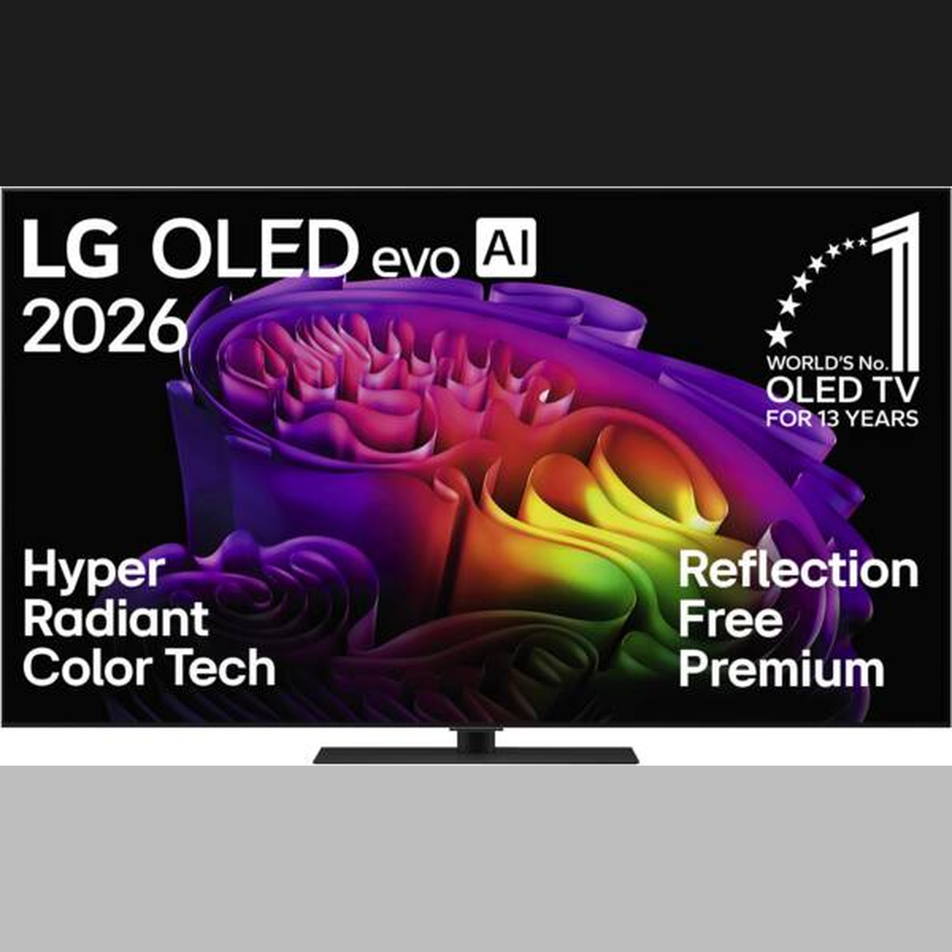 LG OLED65G69LS OLED-Fernseher Frontansicht mit eingeblendeten Herstellertexten