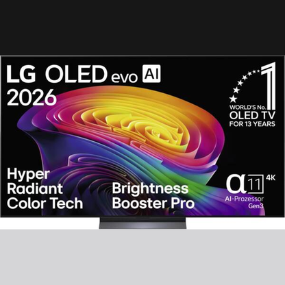 LG OLED77C69LB OLED-Fernseher Frontansicht mit eingeblendeten Herstellertexten
