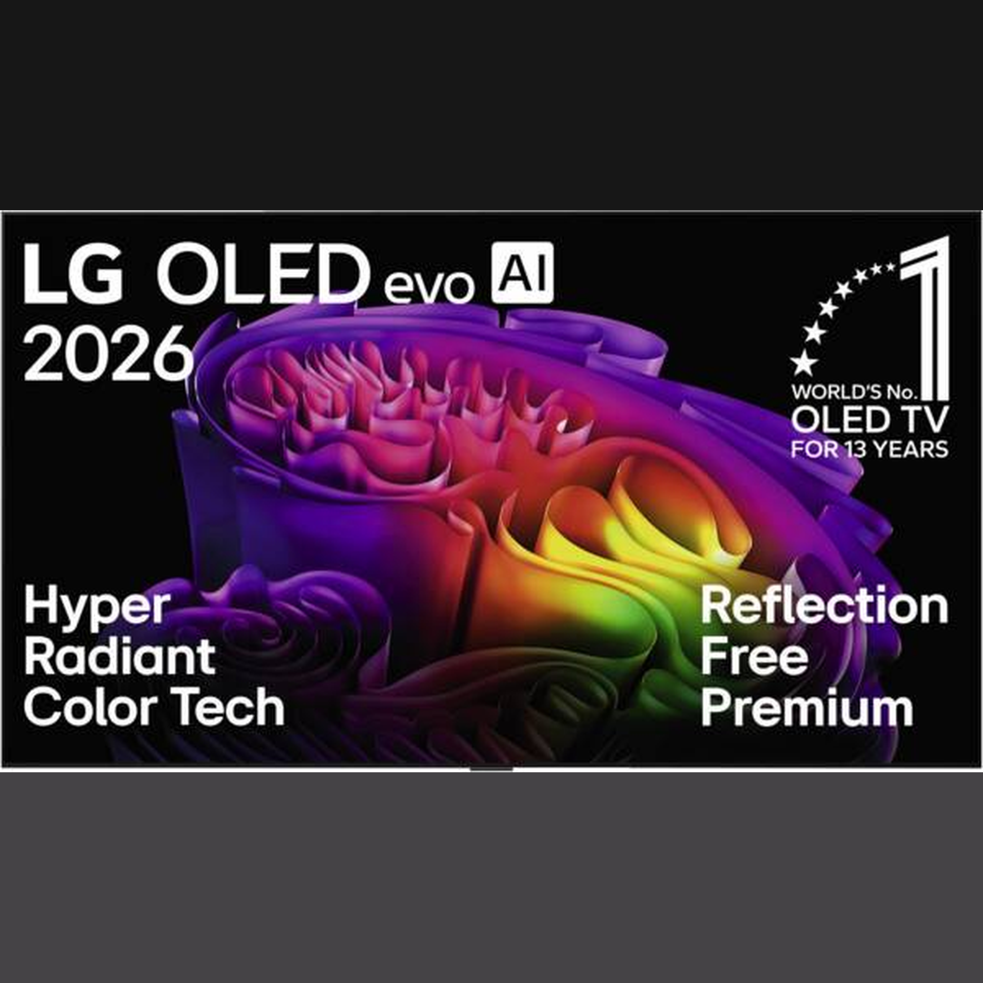 LG OLED77G67LW OLED Fernseher Frontansicht mit eingeblendeten Herstellertexten