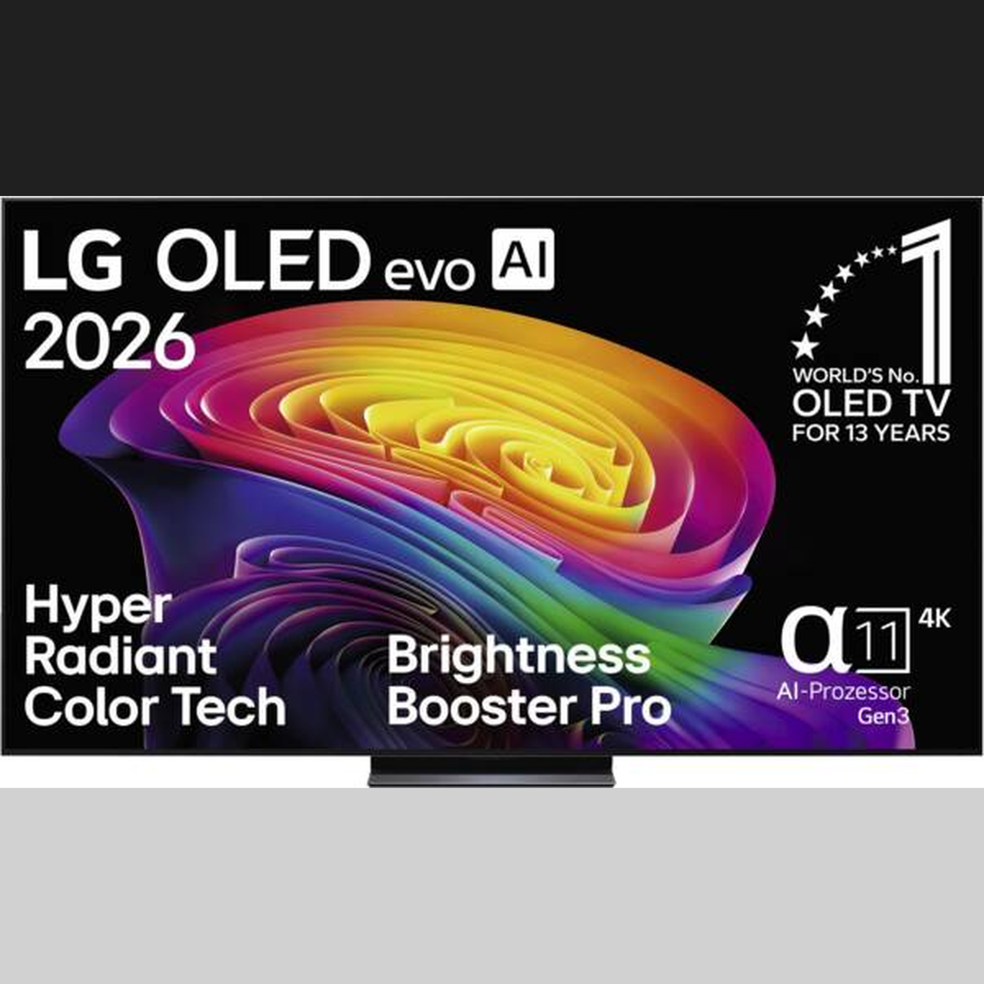 LG OLED83C69LB OLED Fernseher Frontansicht mit eingeblendeten Herstellertexten