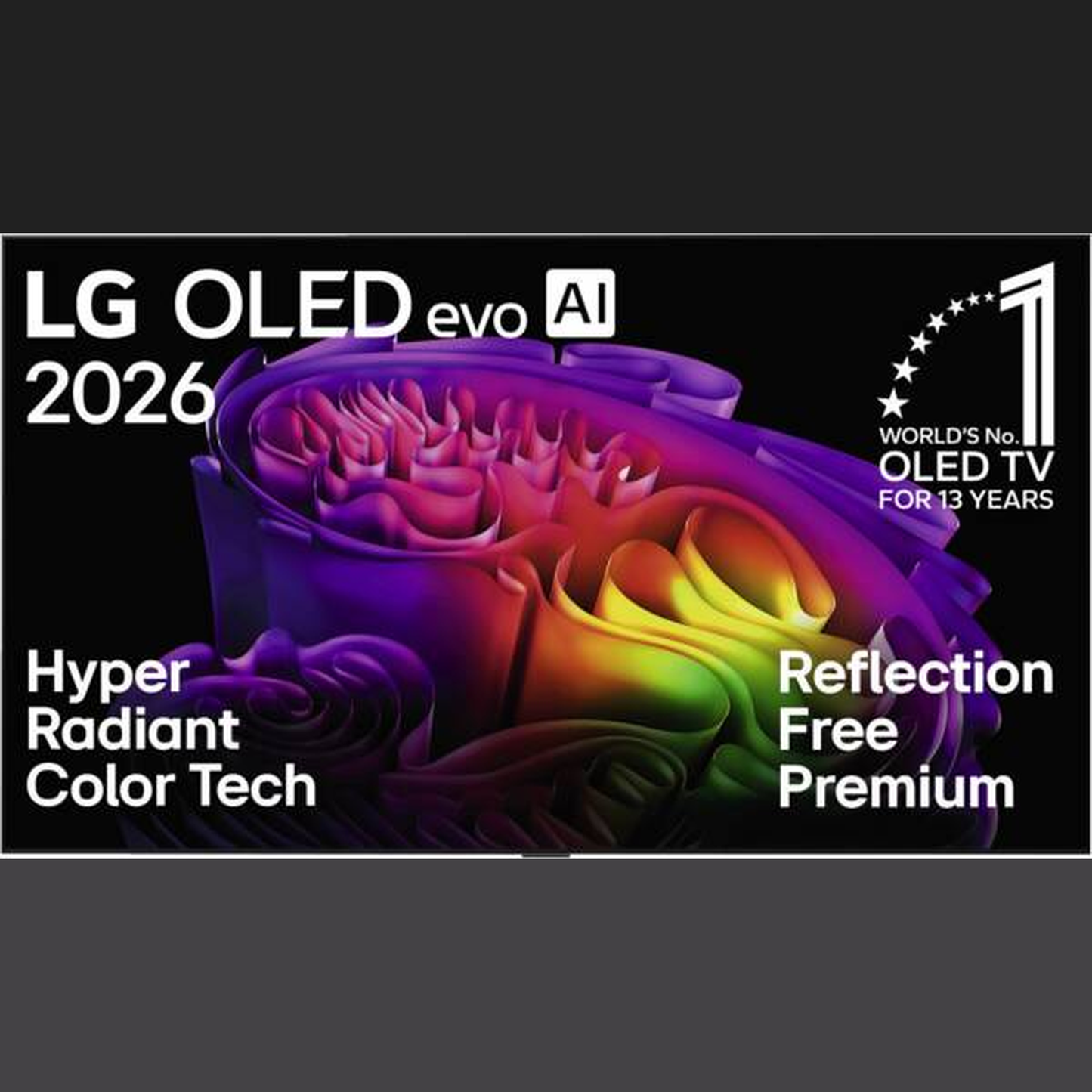 LG OLED83G67LW OLED Fernseher Frontansicht mit eingeblendeten Herstellertexten