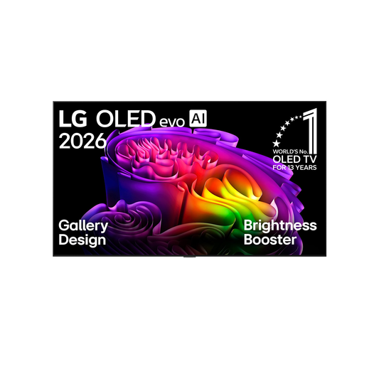 LG OLED97G67LW OLED Fernseher Frontansicht mit eingeblendeten Herstellertexten