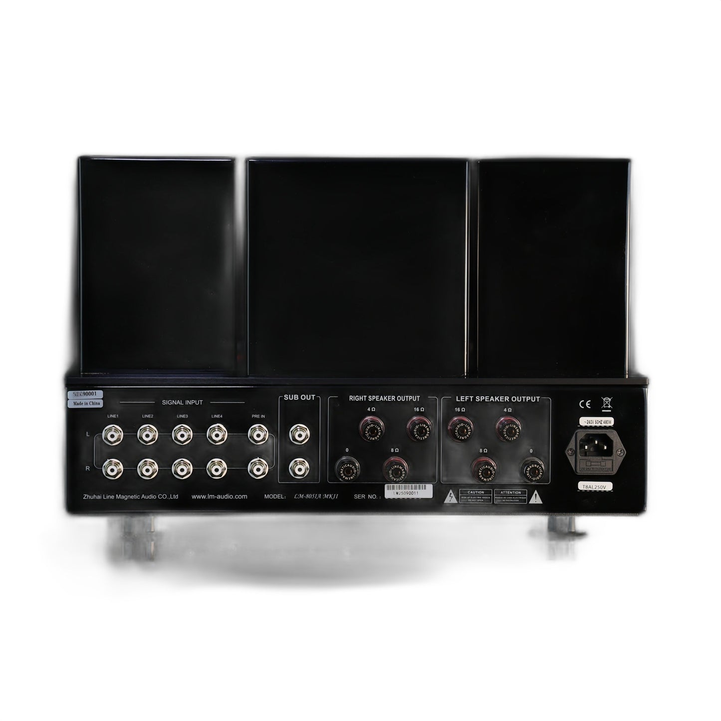Line Magnetic LM-805IA MKII Vollverstärker, Rückansicht mit Lautsprecherausgängen auf weissem Hintergrund