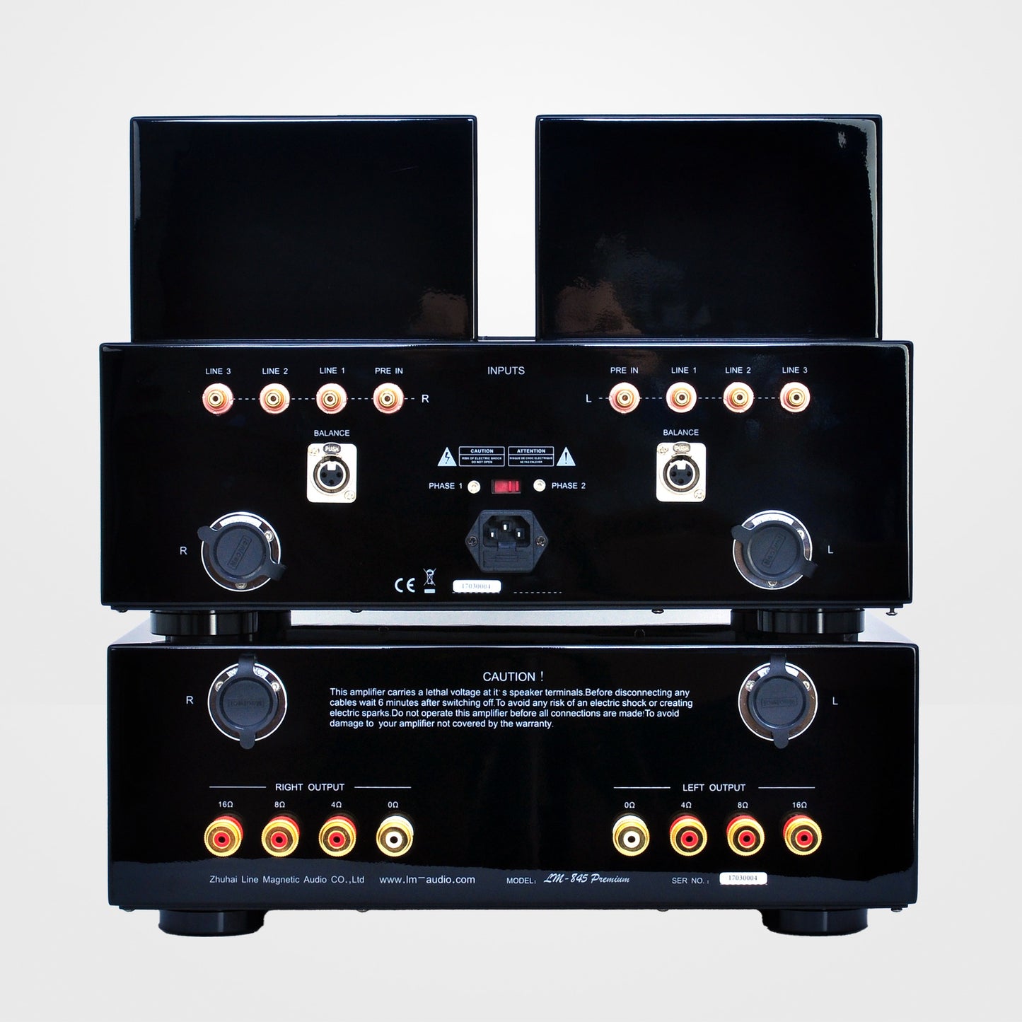 Line Magnetic LM-845 Premium Vollverstärker, Rückansicht mit Anschlussfeld