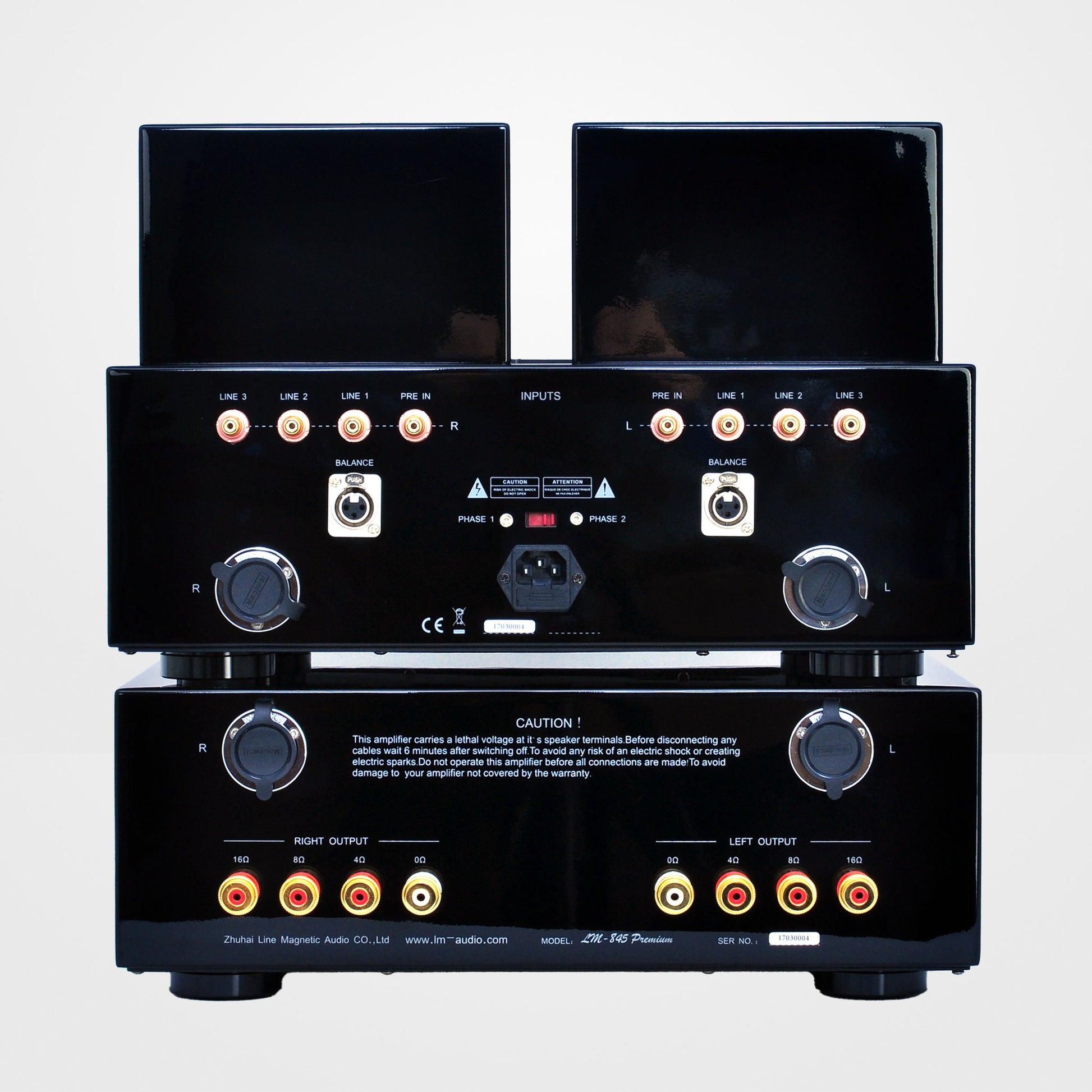 Line Magnetic LM-845 Premium Vollverstärker, Rückansicht mit Anschlussfeld