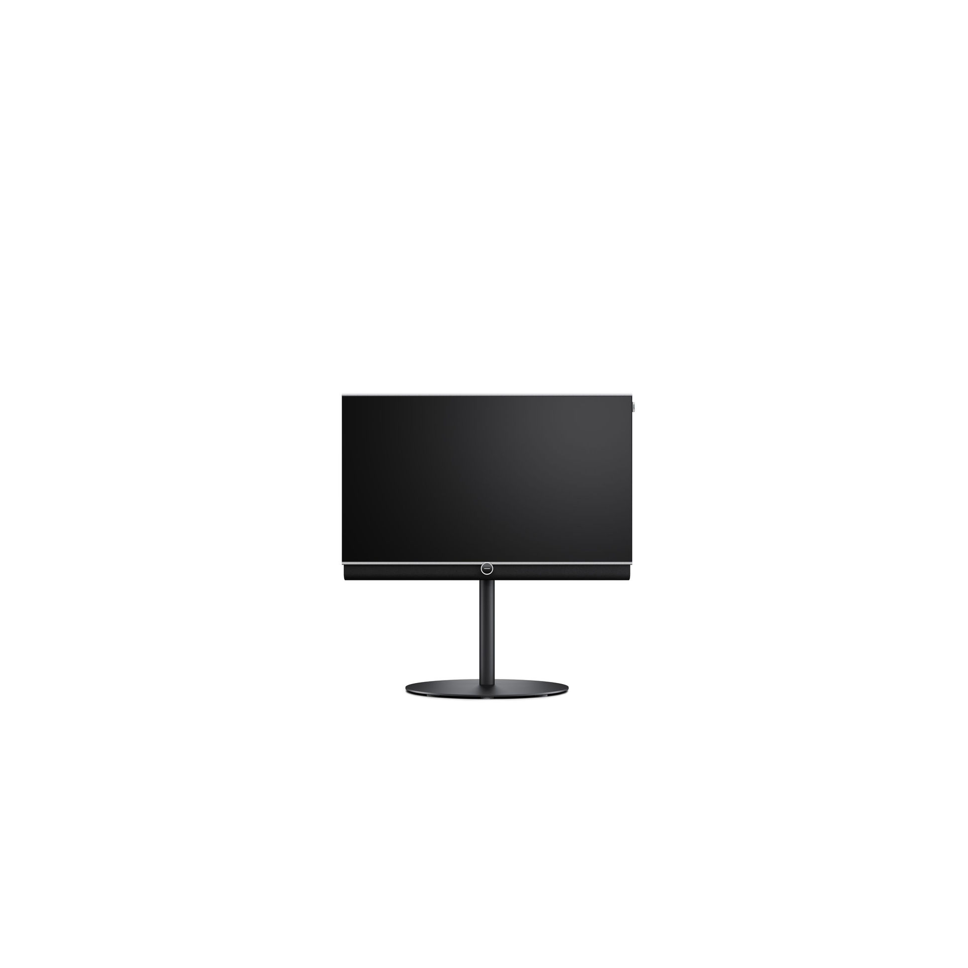 Loewe antares 42 OLED-Fernseher Frontansicht auf Standfuss mit Bodenplatte
