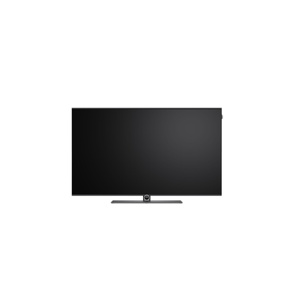 Loewe antares 48 OLED-Fernseher Frontansicht auf Tischfuss mit integrierter Soundbar