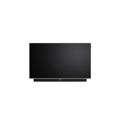 Loewe antares 48 OLED-Fernseher Frontansicht an Wandhalterung mit integrierter Soundbar