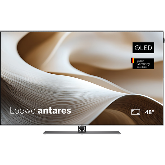 Loewe antares 48 OLED-Fernseher Frontansicht, eingeschalteter OLED-Bildschirm, Made in Germany