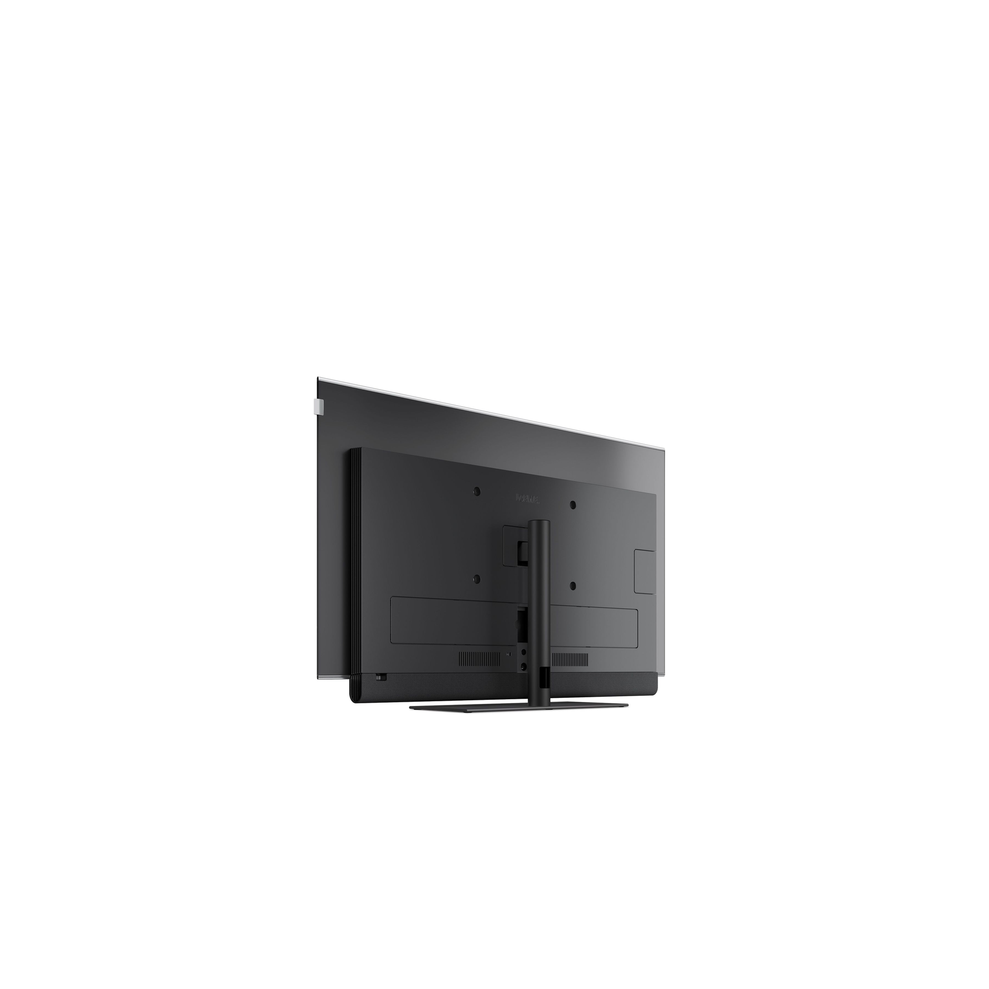 Loewe antares 48 OLED-Fernseher Rückansicht auf Tischfuss mit Anschlussbereich