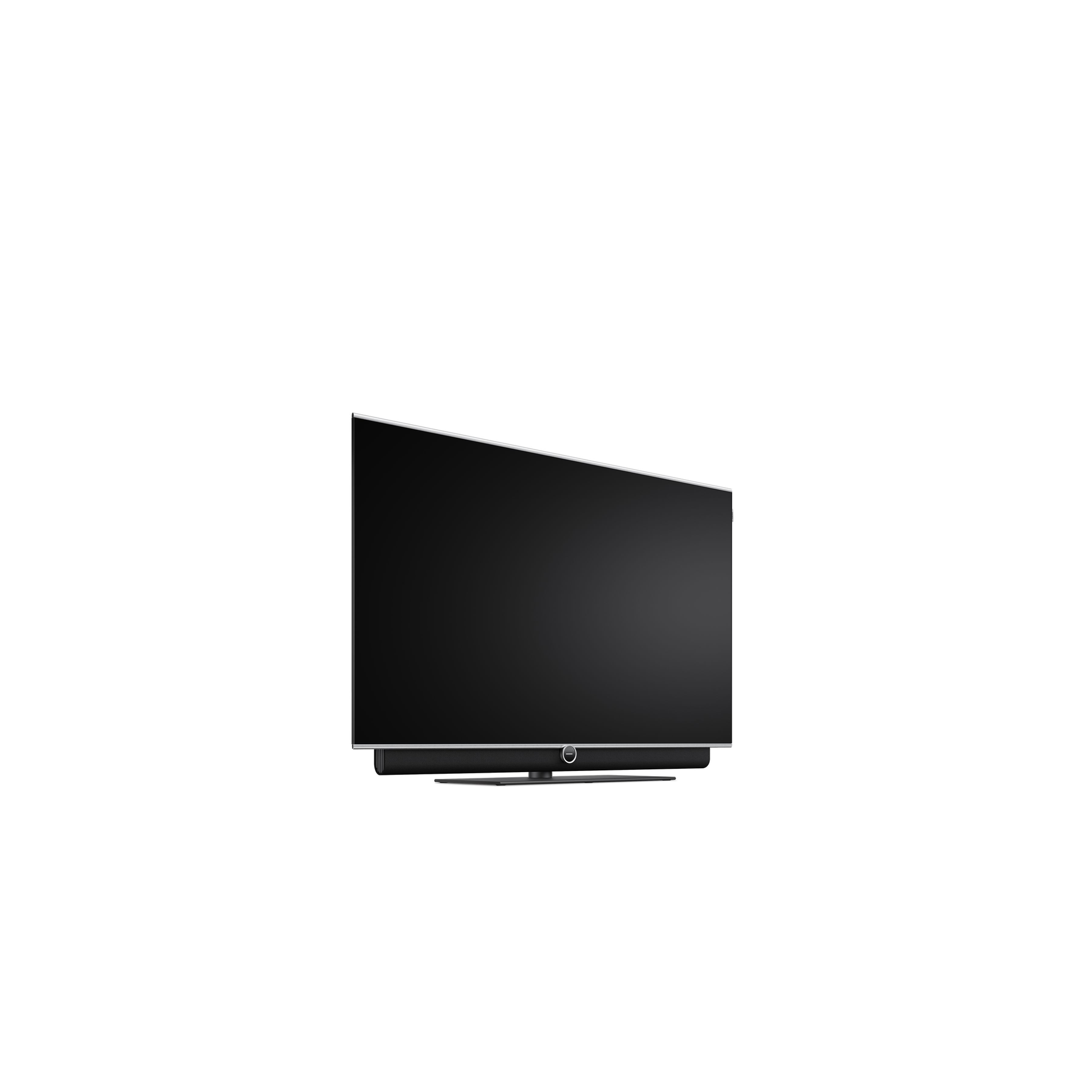 Loewe antares 48 OLED-Fernseher Seitenansicht auf Tischfuss, schräg von vorne