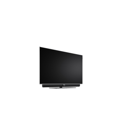 Loewe antares 48 OLED-Fernseher Seitenansicht auf Tischfuss, schräg von vorne