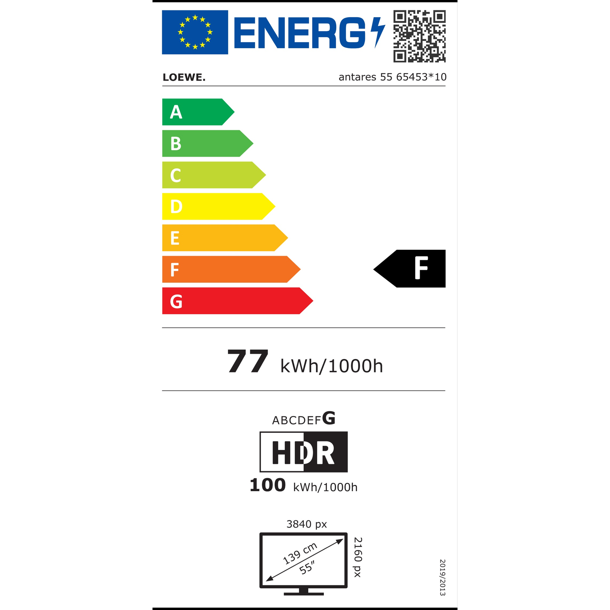Loewe antares 55 OLED-Fernseher Energieetikette, Effizienzklasse F (SDR) bzw. G (HDR), EU 2019/2013