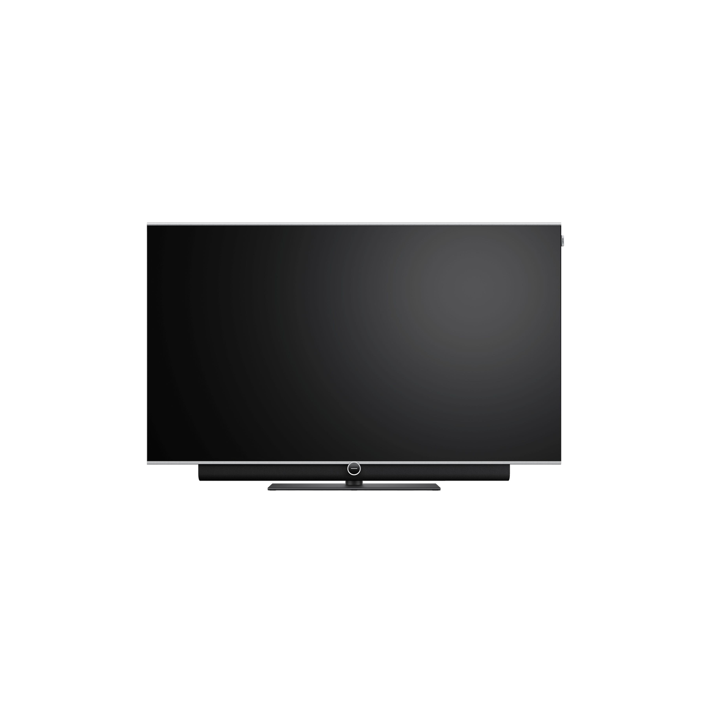 Loewe antares 55 OLED-Fernseher Frontansicht auf Tischfuss mit integrierter Soundbar