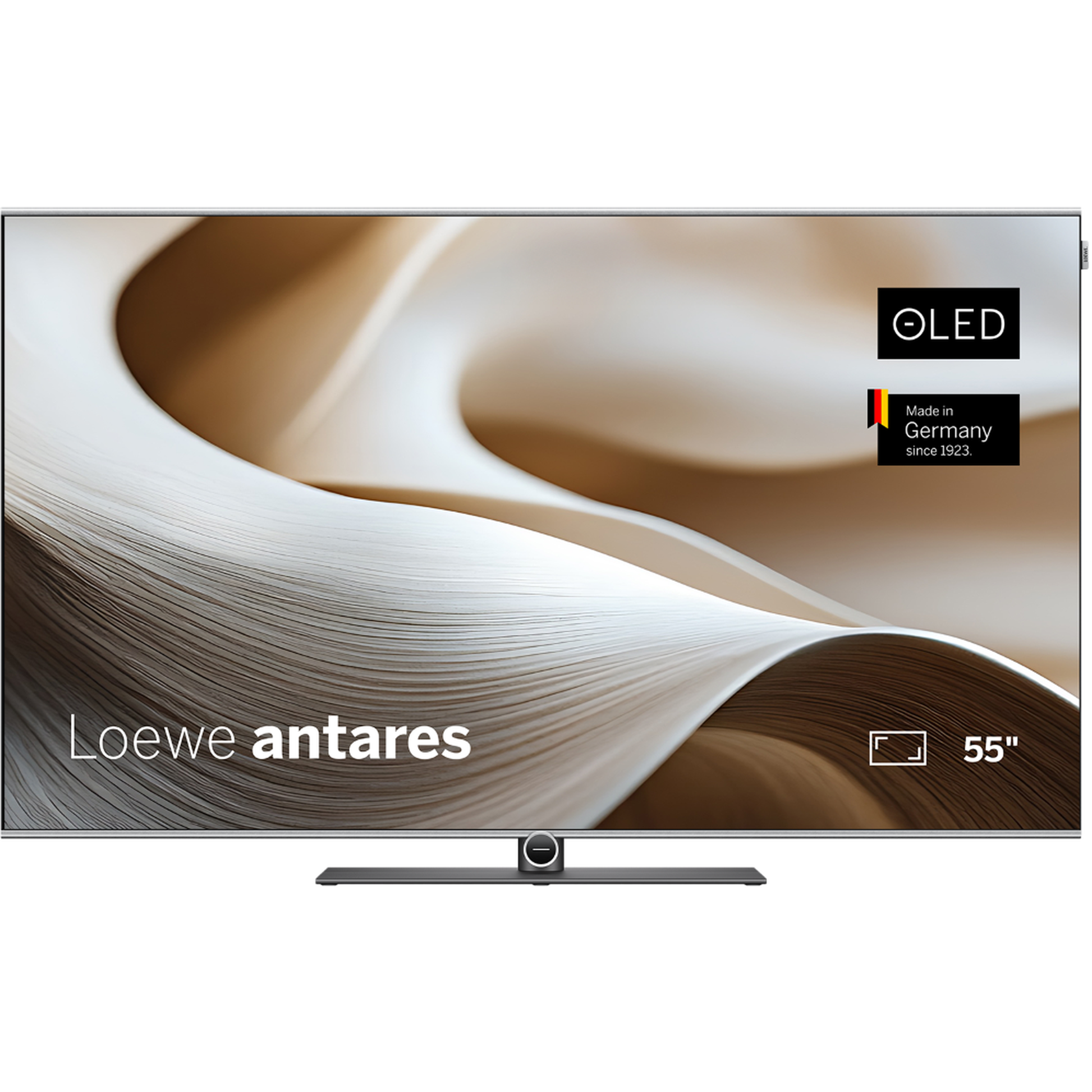 Loewe antares 55 OLED-Fernseher Frontansicht, eingeschalteter OLED-Bildschirm, Made in Germany