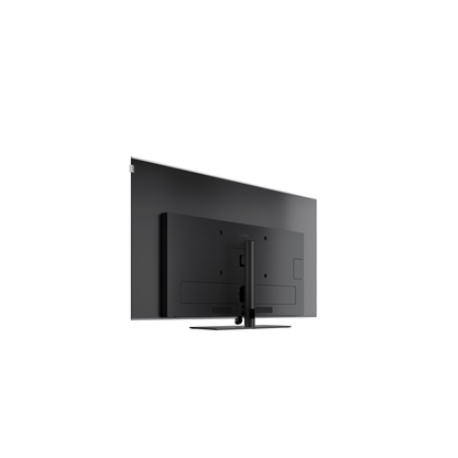 Loewe antares 55 OLED-Fernseher Rückansicht auf Tischfuss mit Anschlussbereich