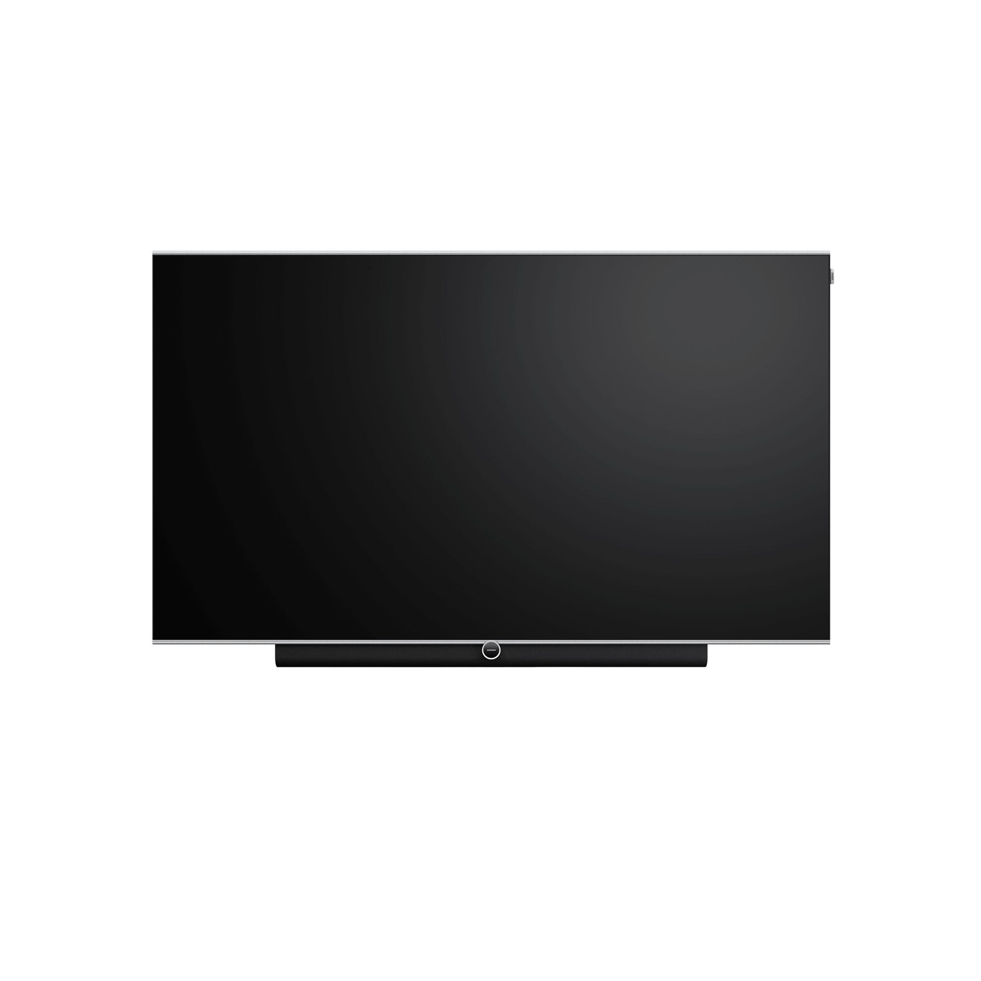Loewe antares 65 OLED-Fernseher Frontansicht an Wandhalterung mit integrierter Soundbar