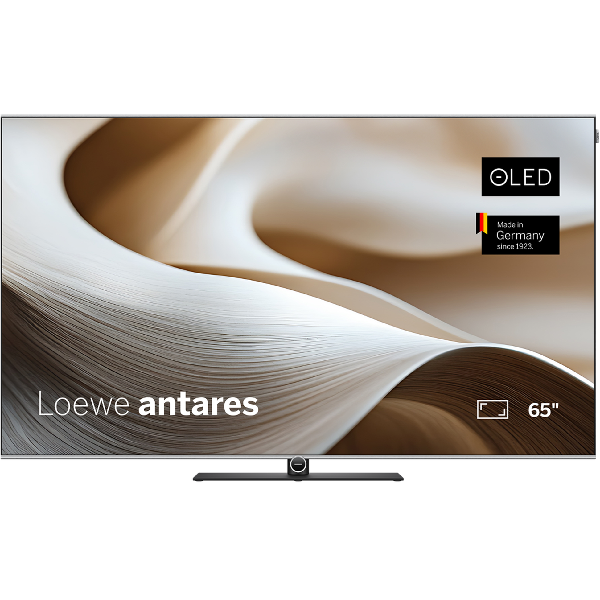 Loewe antares 65 OLED-Fernseher Frontansicht, eingeschalteter OLED-Bildschirm, Made in Germany