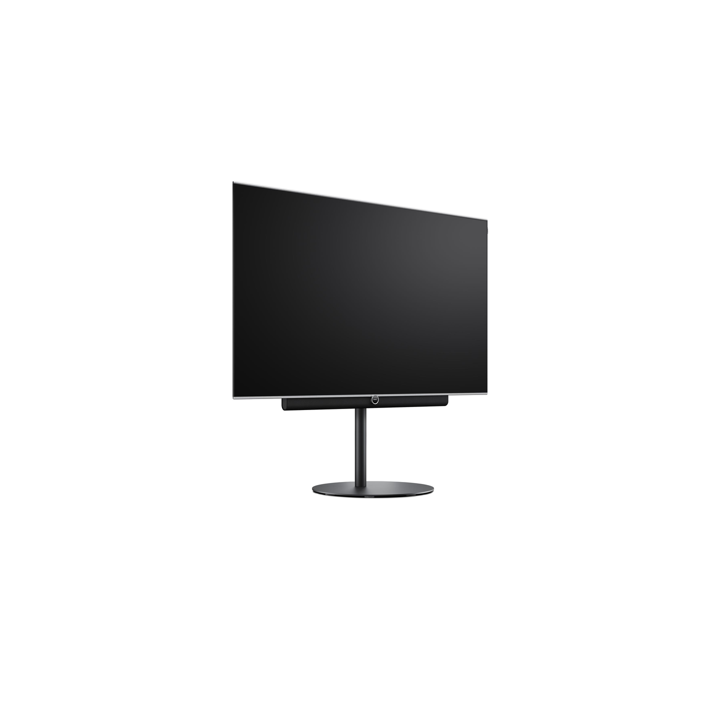 Loewe antares 65 OLED-Fernseher Seitenansicht auf Standfuss, schräg von vorne
