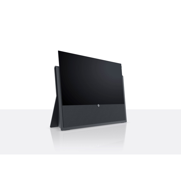 Loewe Iconic Inspire.55 OLED-Fernseher Graphitgrau Schrägansicht mit Syno-Stone-Standfuss