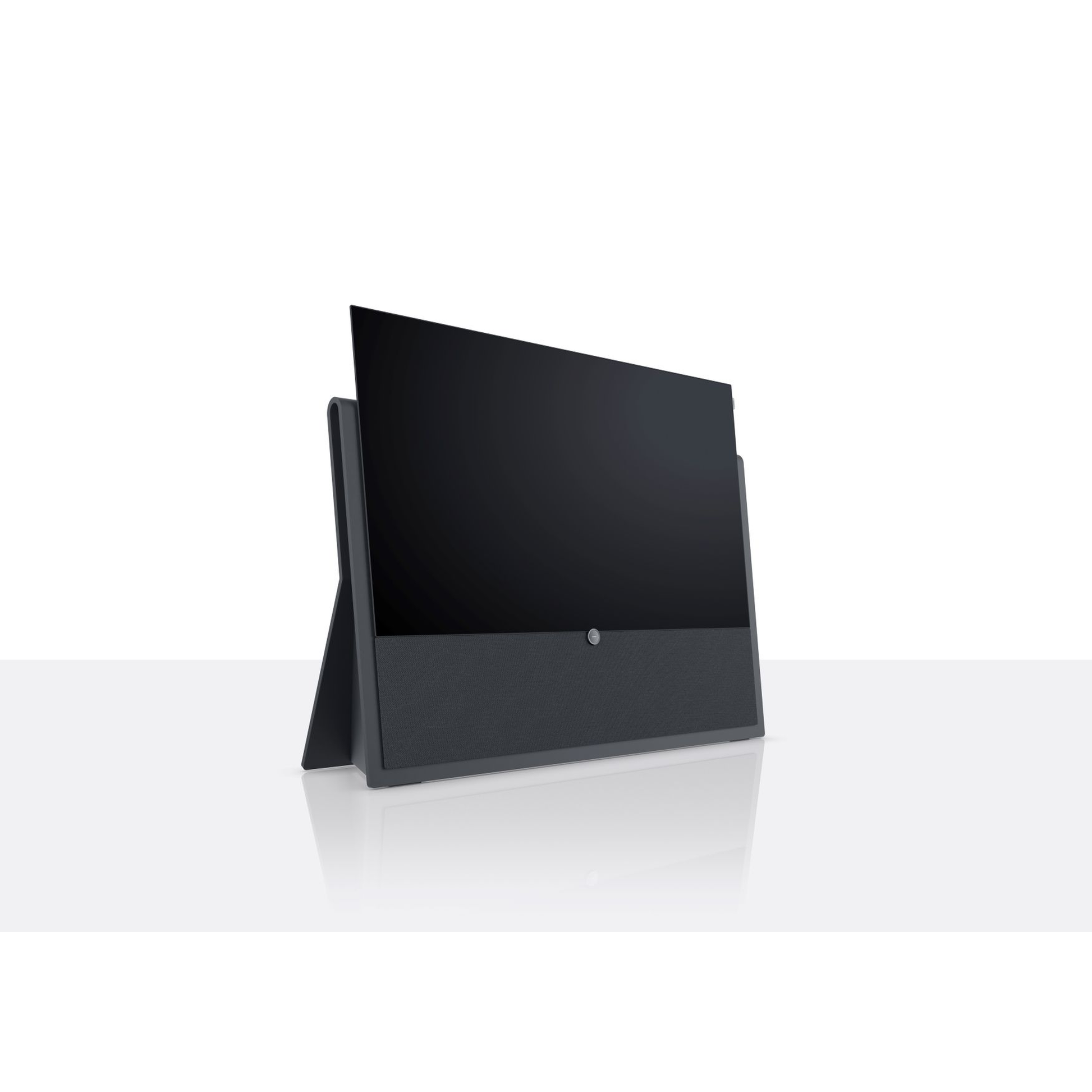 Loewe Iconic Inspire.55 OLED-Fernseher Graphitgrau Schrägansicht mit Syno-Stone-Standfuss