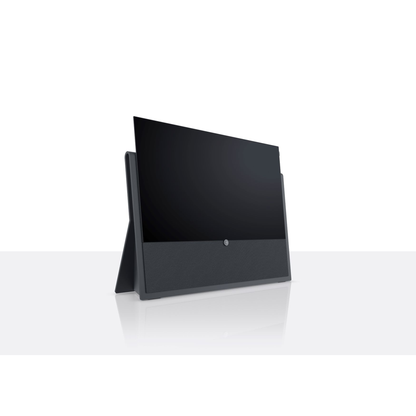 Loewe Iconic Inspire.55 OLED-Fernseher Graphitgrau Schrägansicht mit Syno-Stone-Standfuss