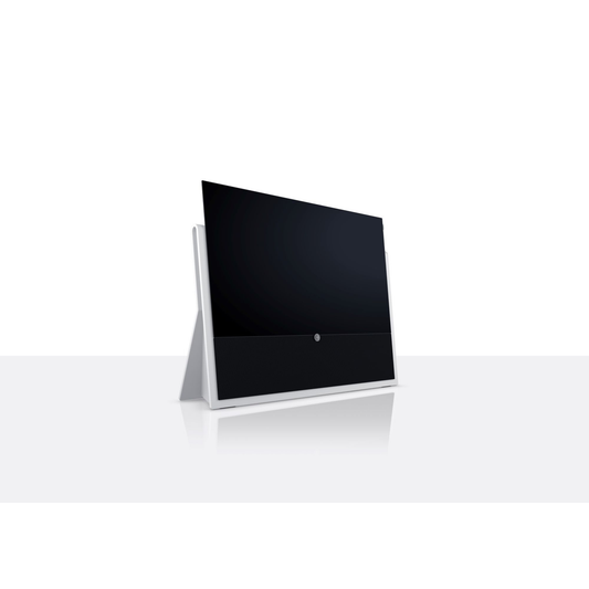 Loewe Iconic Inspire.55 OLED-Fernseher Weiss Schrägansicht mit Syno-Stone-Standfuss