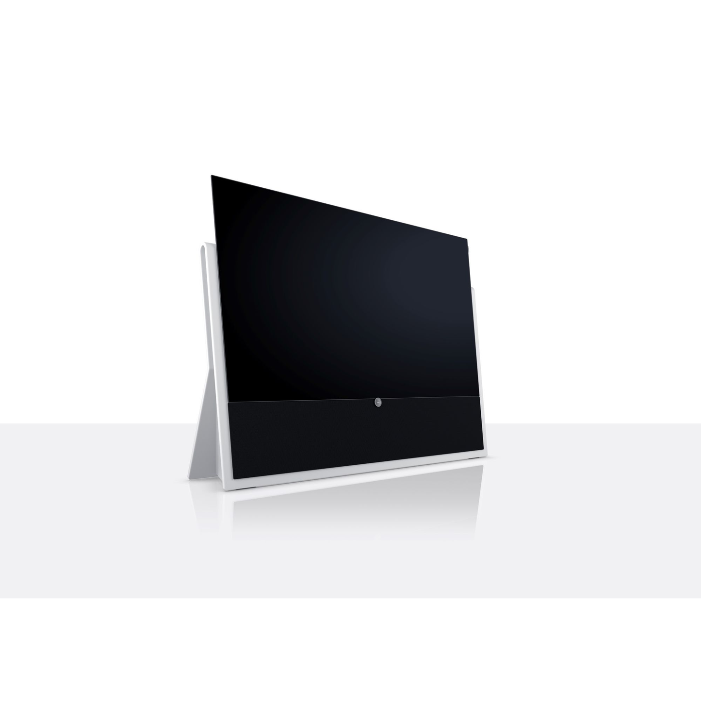 Loewe Iconic Inspire.65 OLED-Fernseher Weiss Schrägansicht mit Syno-Stone-Standfuss