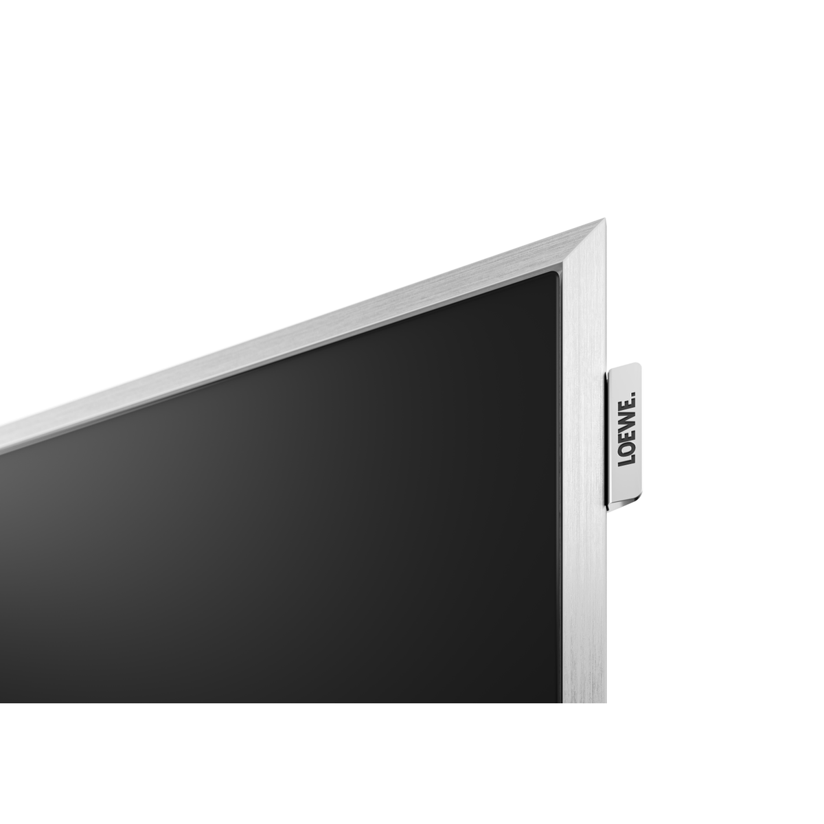 Loewe Stellar 55 DR+ OLED-Fernseher alu concrete Tizen Detailansicht Rahmenecke mit LOEWE-Logo