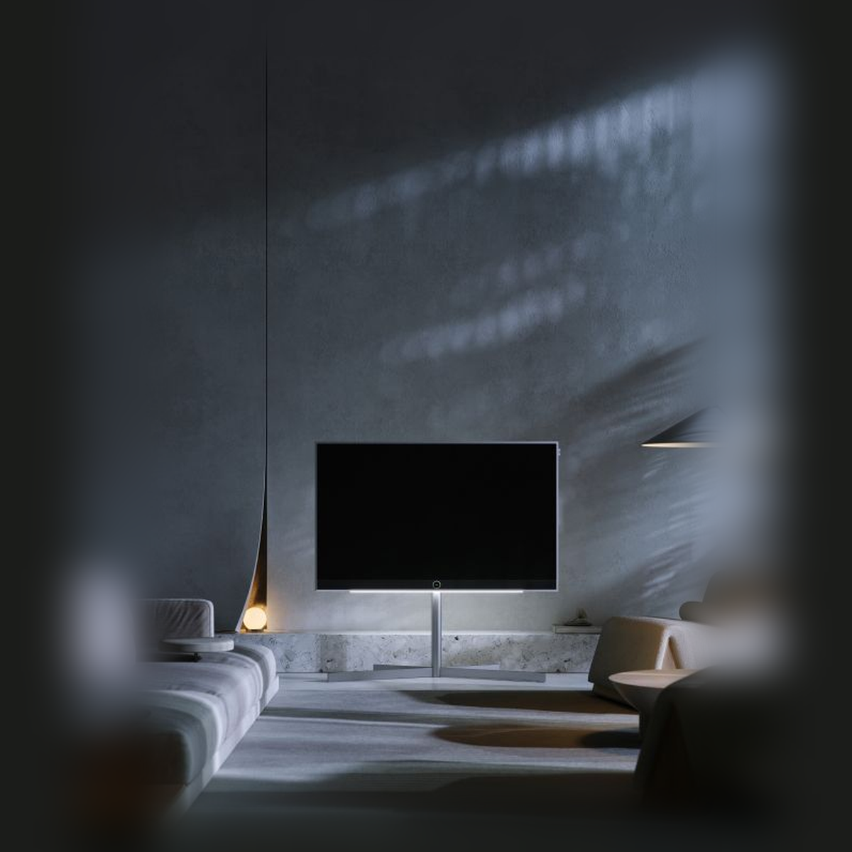 Loewe Stellar 55 DR+ OLED-Fernseher alu concrete Tizen Lifestyle Wohnzimmer Abendlicht